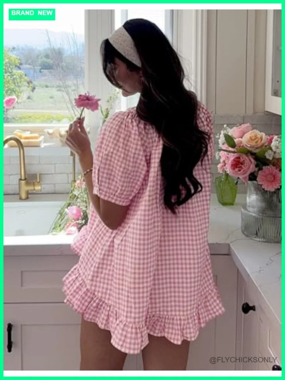 Women's Cotton Gingham Pajama Set - Button Down Top & ruffle Shorts